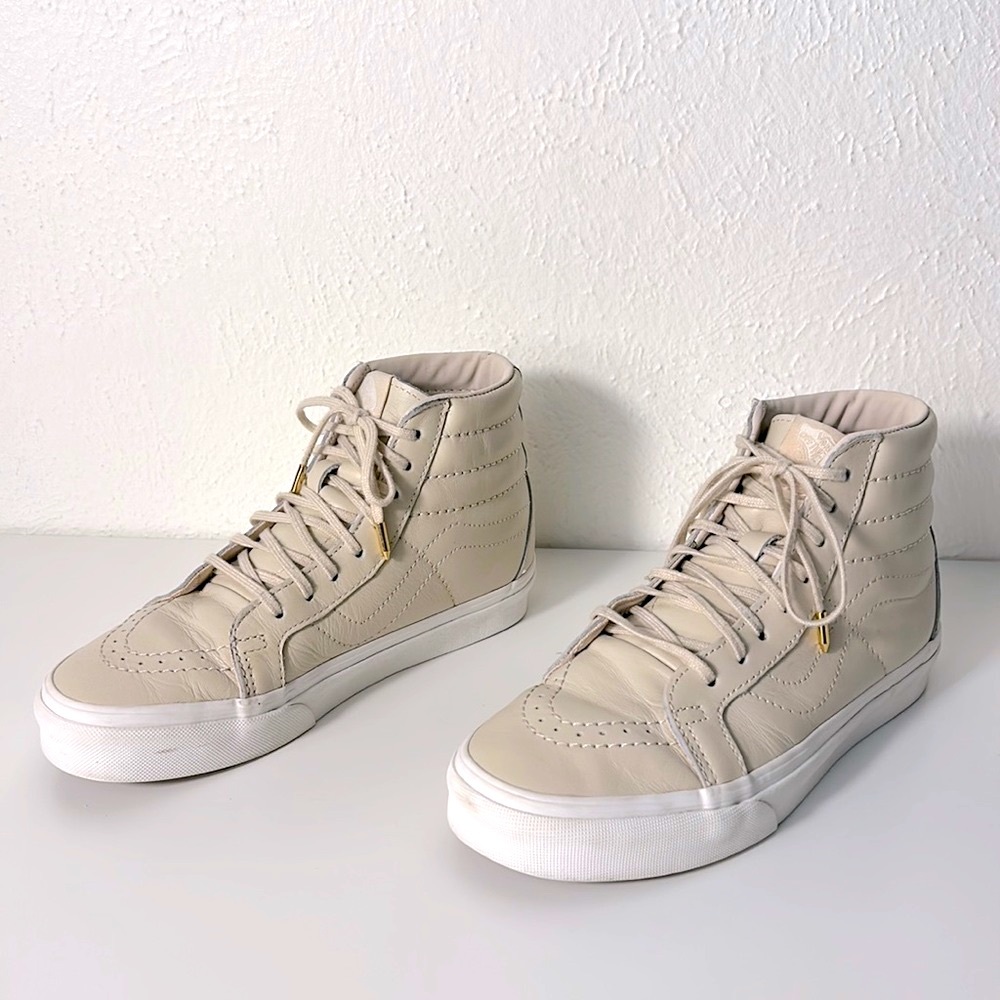 Vans Unisex Women’s 6.5 Men’s 5 Tan Nude Leather Sneakers Shoes Hi Top SK-8 - Picture 3 of 7
